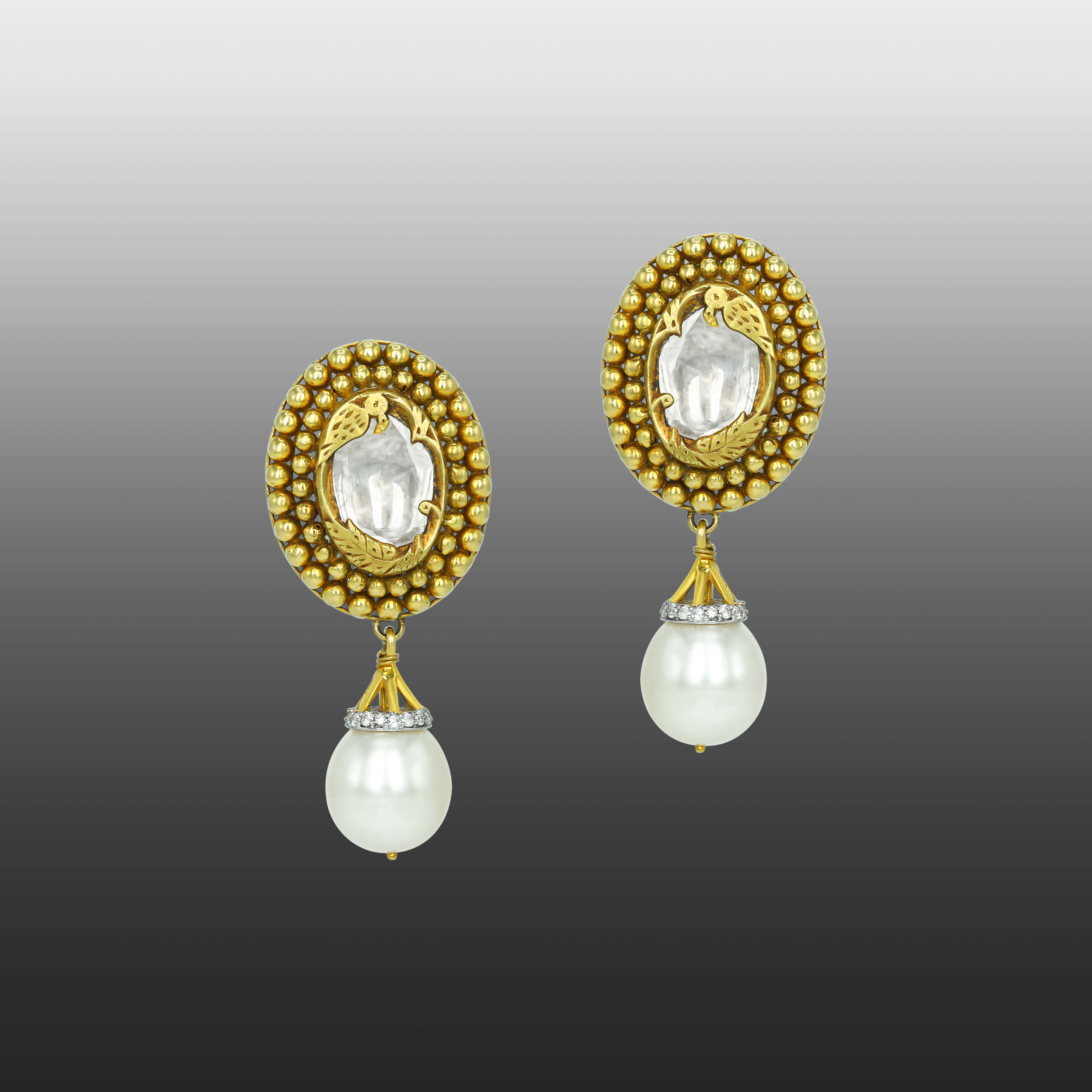 Polki Earrings with Gold Beads and Pearl Drops